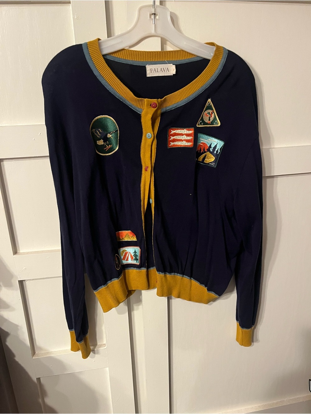 Palava Navy Cardigan with Mustard Trim and Patch Details
